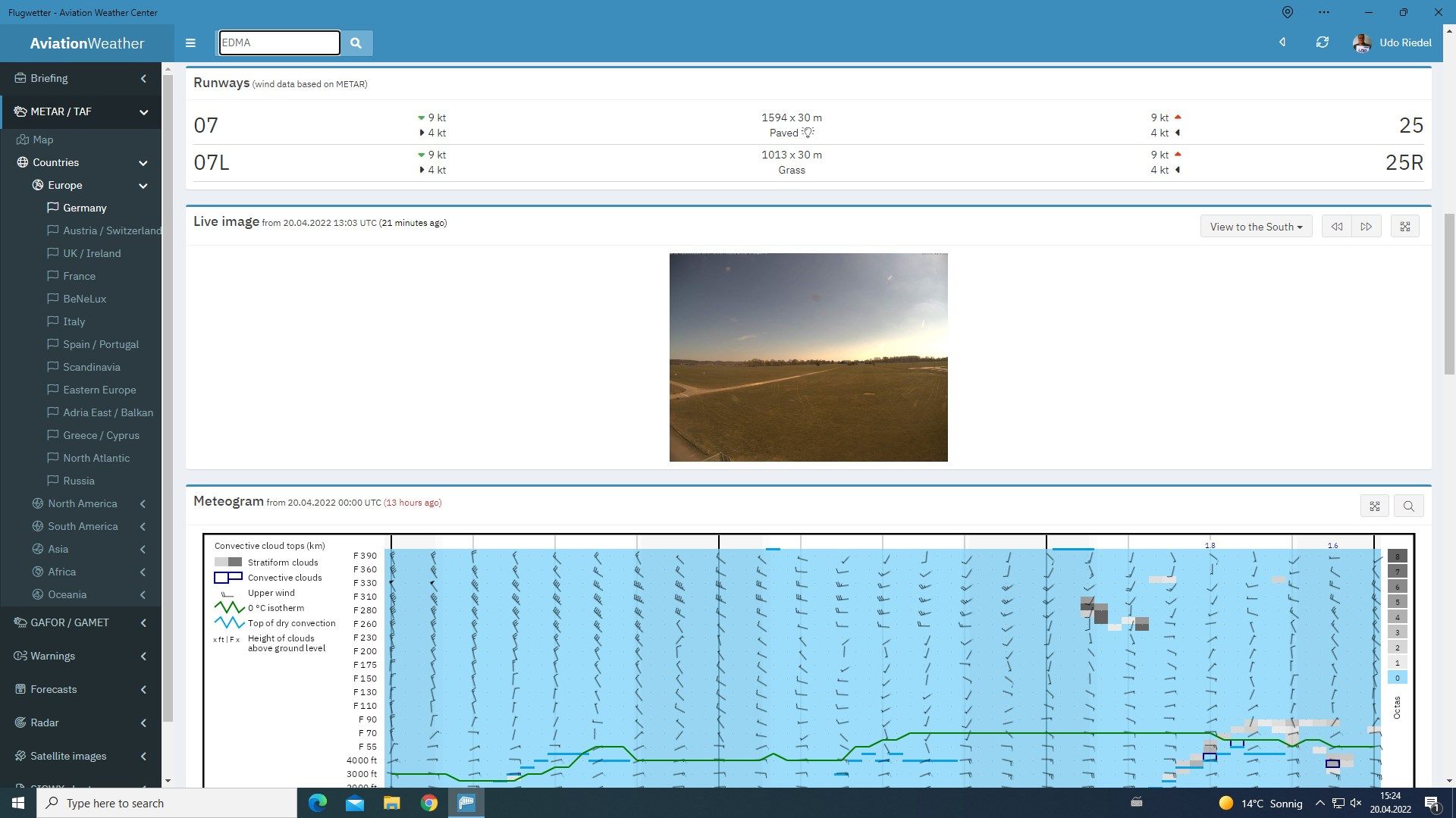 Runway data, webcam images and meteograms
