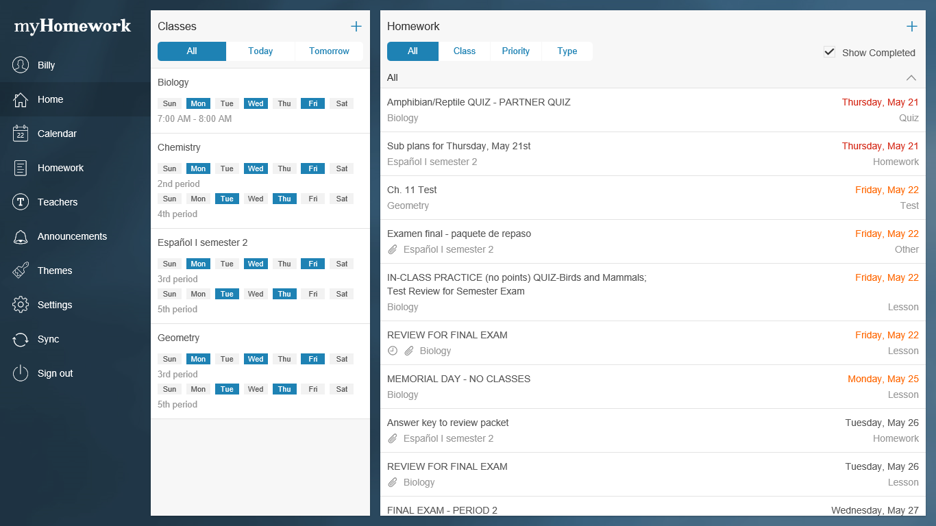 Home view showing all your classes and assignments. You can filter them by day, class, priority or type.