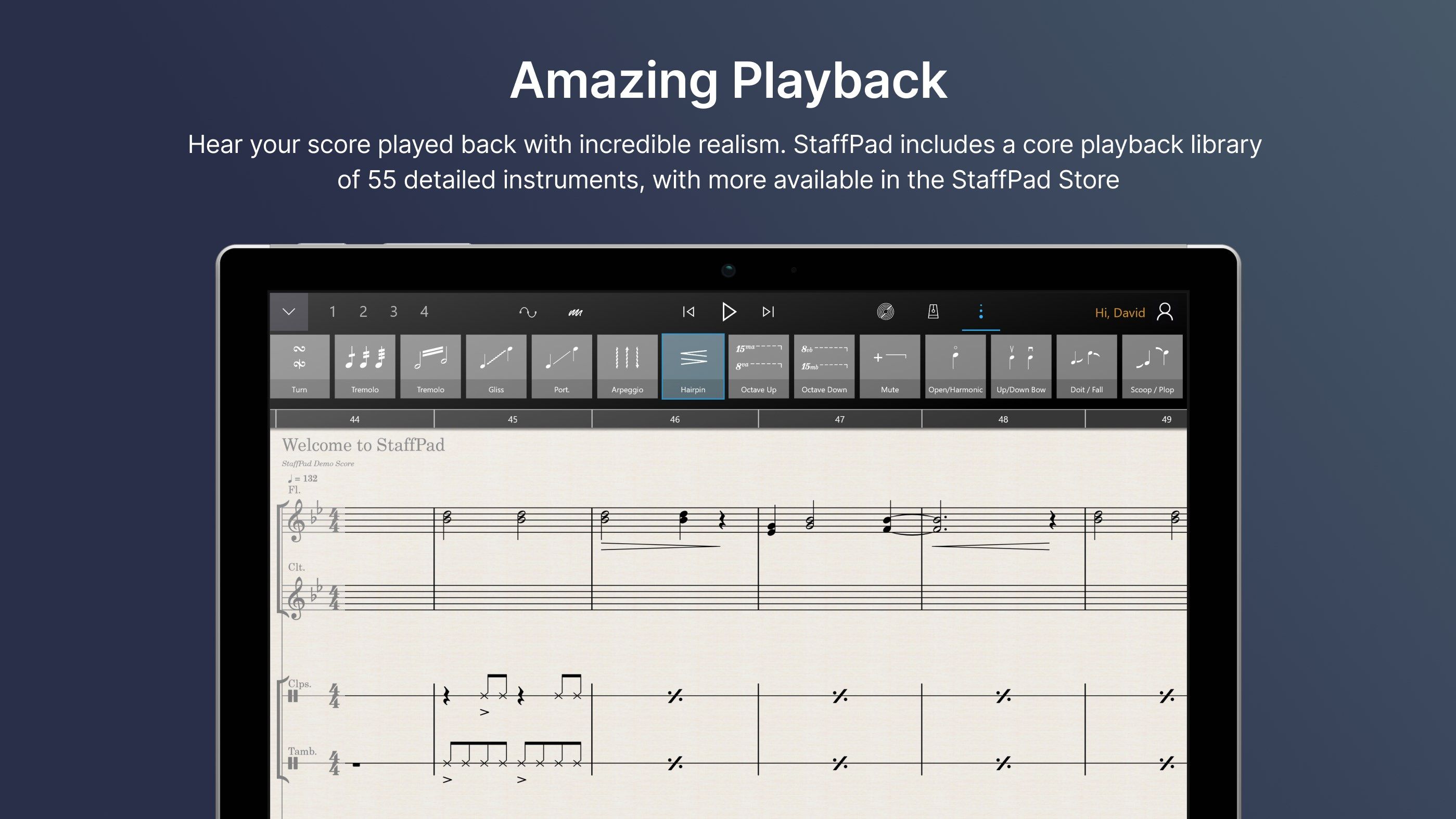 Amazing Playback: Hear your score played back with incredible realism. StaffPad includes a core playback library of 55 detailed instruments, with more available in the StaffPad Store