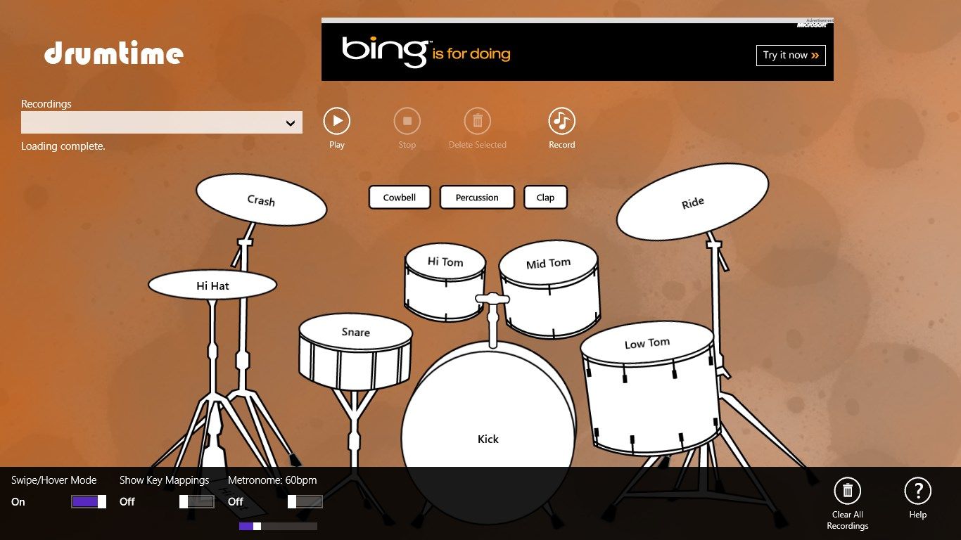 play drums with multitouch, keyboard, or mouse