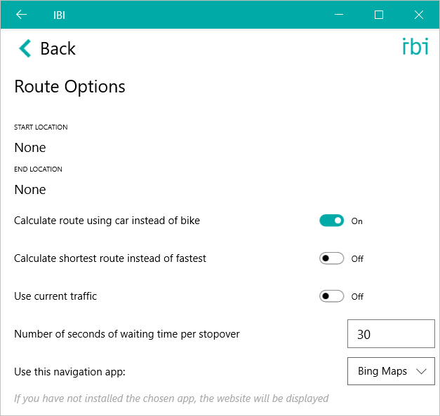 Route options in Settings menu