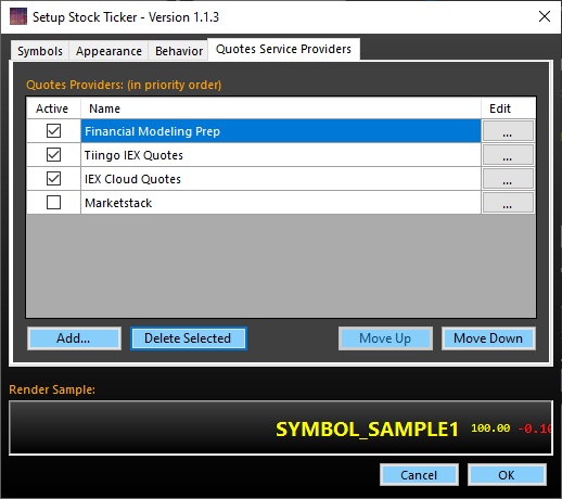 Add one or more stock quotes providers. Choose from built-in templates or create your own. Providers will be queried round-robin, as many as necessary, to retrieve quotes for all symbols you specify.