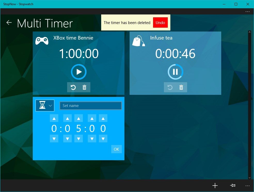 The multi timer allows you to start multiple timers in parallel. Each timer can be named and be given an individual symbol.You can add and remove timers. If you accidentally deleted one timer you can undo this from the notification appearing on top.