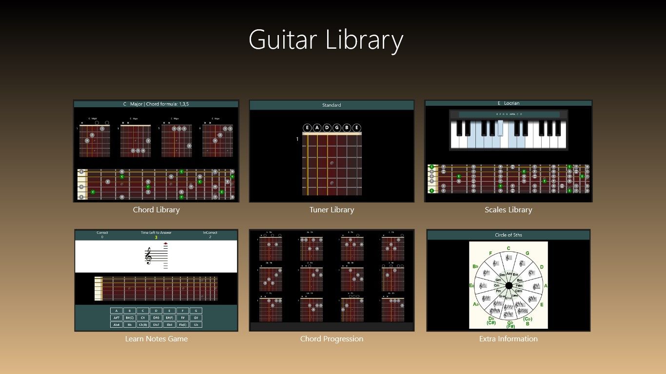 From the main screen quickly view the Chord, Tuner and Scales Libraries. Learn notes and create chord progressions