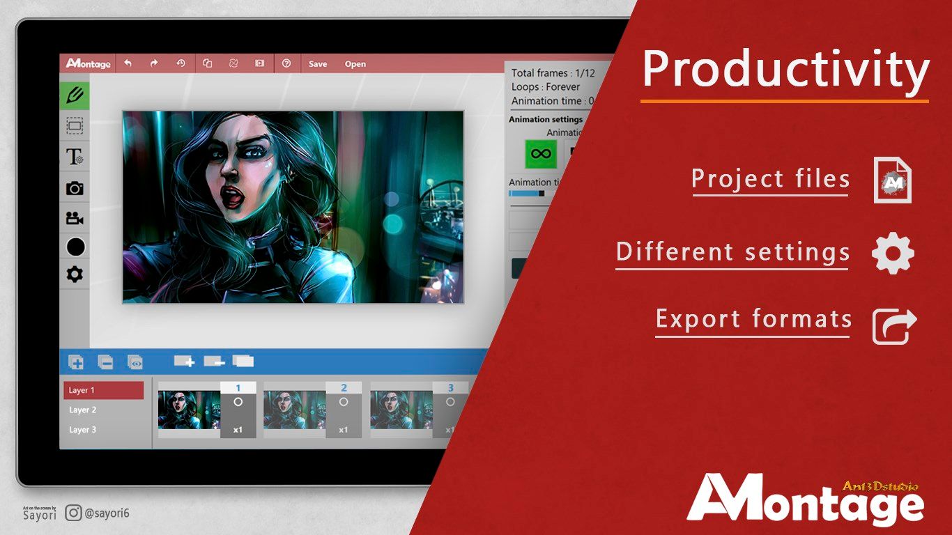 Save and open the project file. Thanks to a special file format * .amp (AMontage project) - You can create an animation at any time and on any device. Send your file to a friend who can help you with specific details. Use the "Auto-save projects" setting to not lose the work process