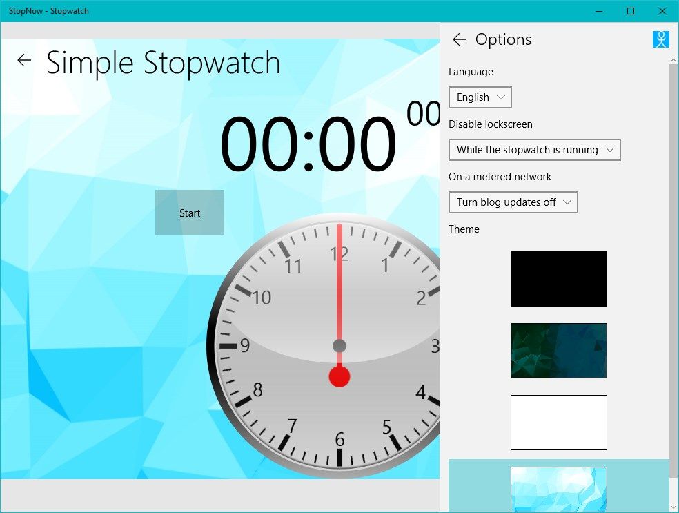 From the options screen you can set the StopNow theme, language and define the automatic screen locking behaviour.