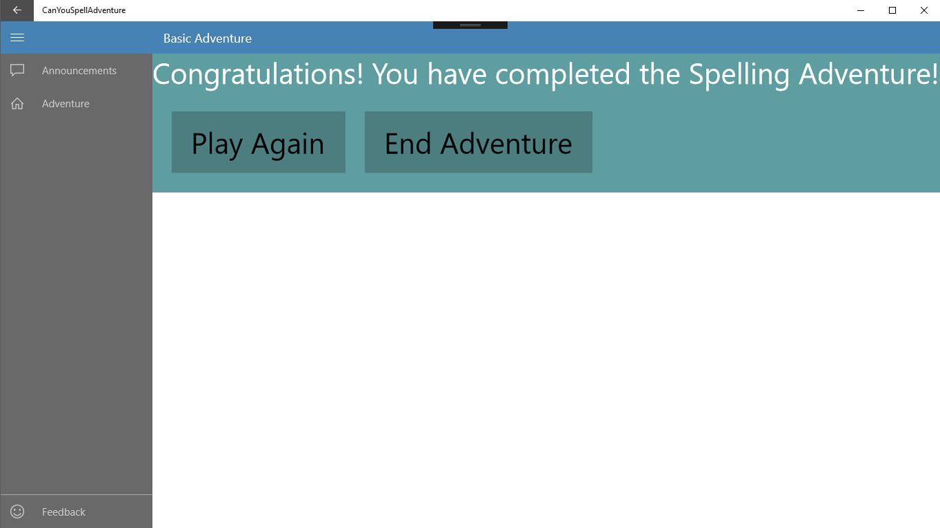 The User has successfully spelled all their words correctly and is asked to "Play Again" or "End Adventure".