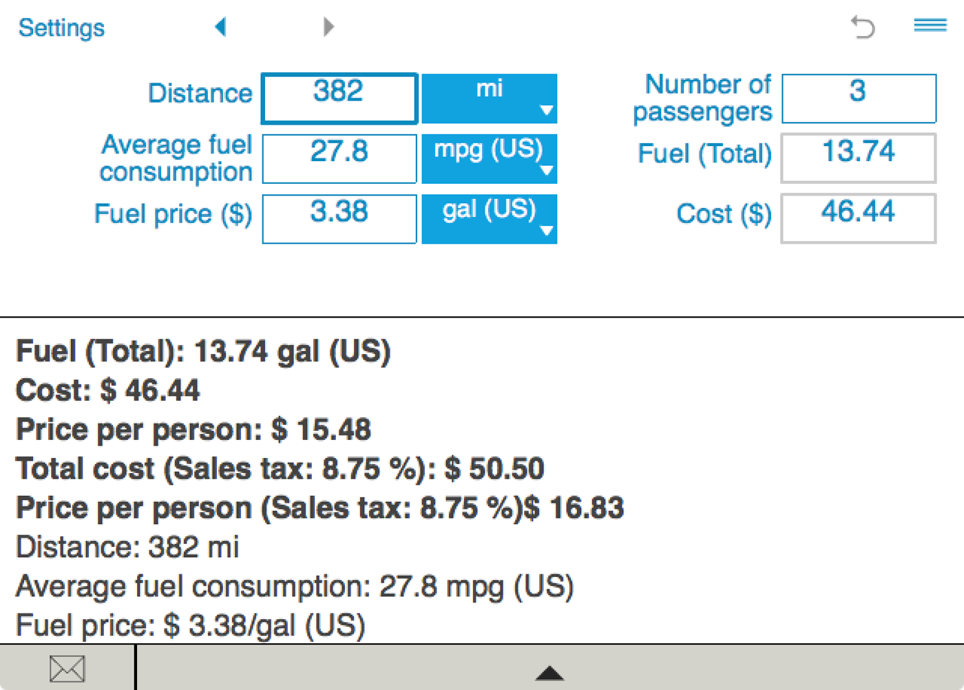 Calculates fuel consumption and fuel cost of a trip.