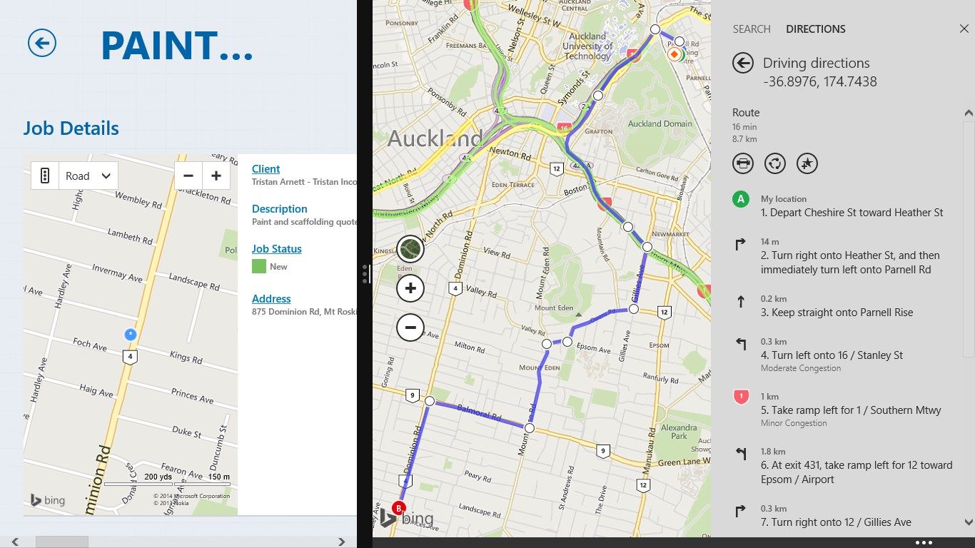 The job details page gives more details on the job, it's client and visits. You can link through to the device mapping application to get directions to the job location.