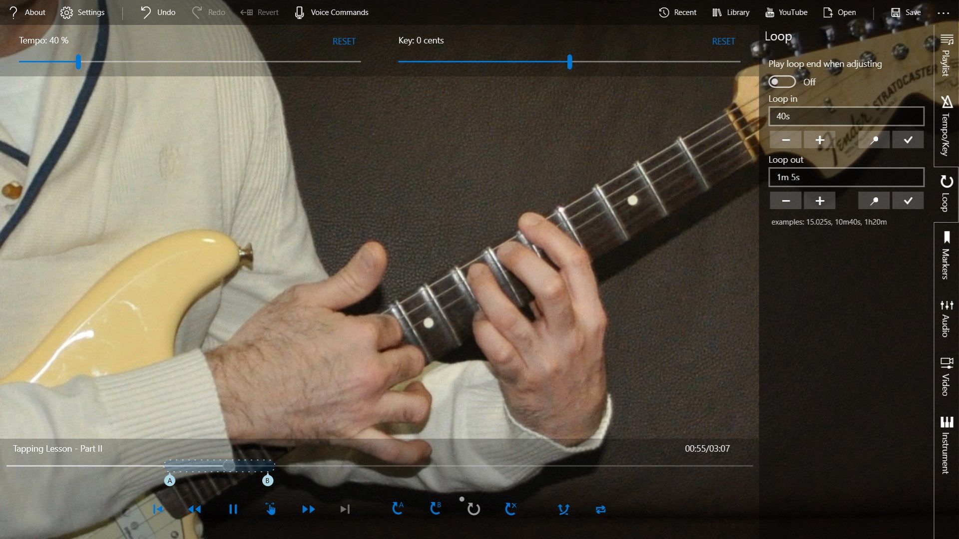 Play a video clip section in a loop and adjust its tempo during playback
