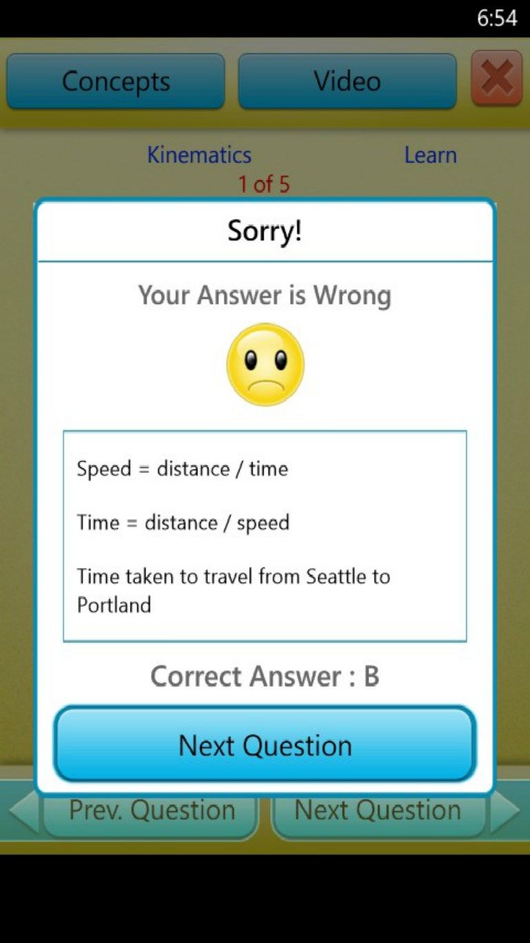 Wrong Answer Screen. Correct Answer is displayed.