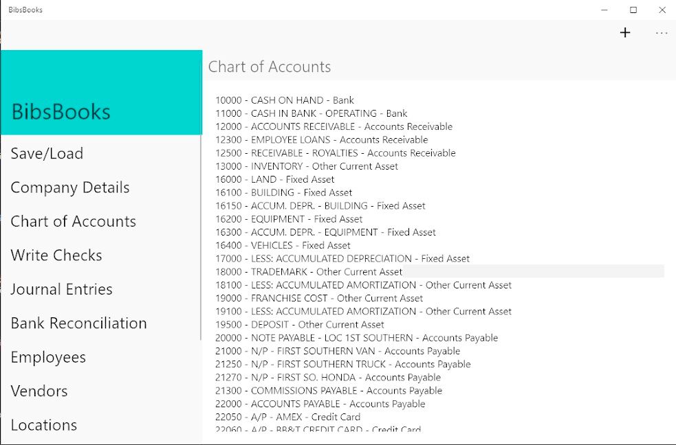 BibsBooks Accountant's Chart of Accounts