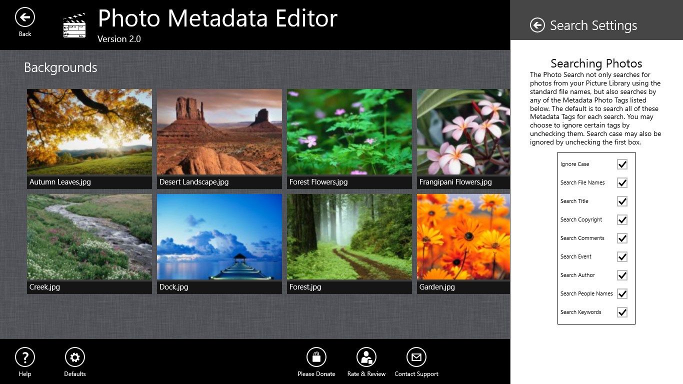 Search photos by metadata, with search options.