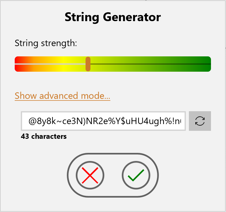 String generator screen to help generate passwords or user names