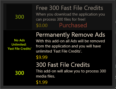Each account can get a one time free 300 fast file credits and 20 each time that the app is started (no rollover per session).   Upgrade to Pro and have no added and unlimited fast file credits. You can also purchase 300 fast file credits as needed.