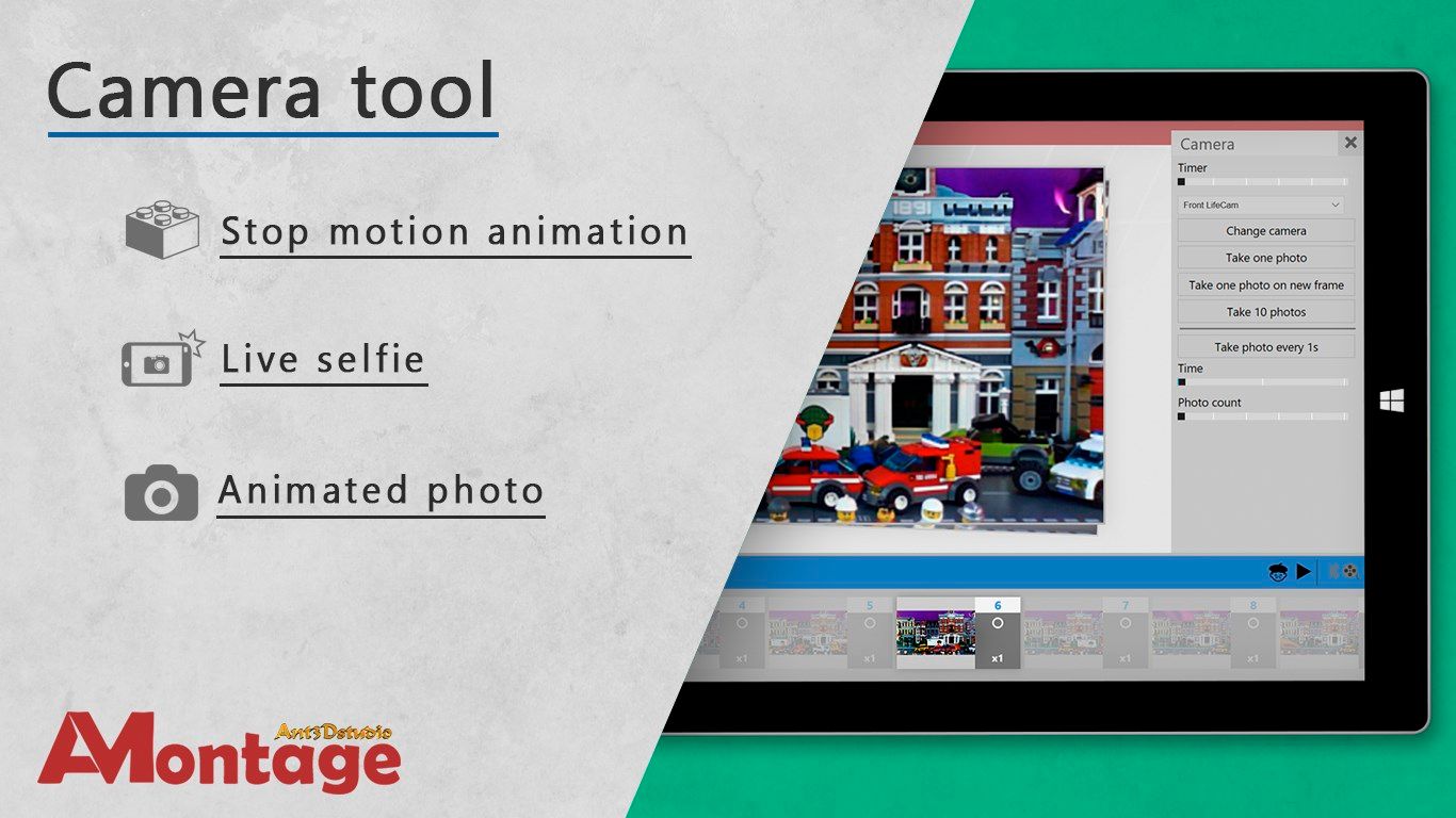 Use the camera tool to create a stop motion animation, a live selfie,time lapse video and other
