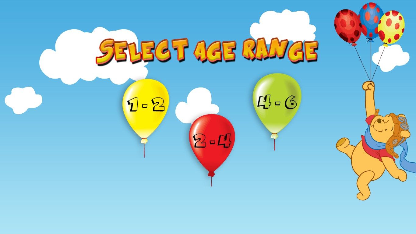 Main screen for age selection. App can be played by kids of different age groups.