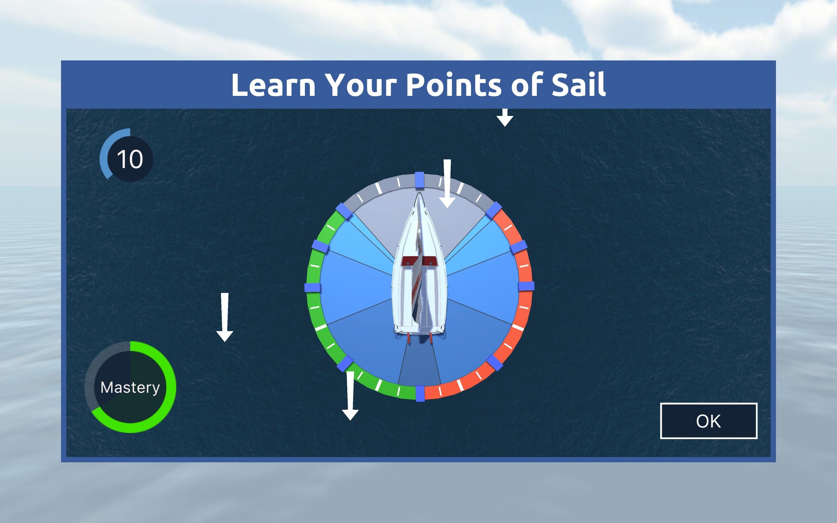 To become a sailor you need to understand the points of sail – the orientation of the boat relative to the wind. This module first teaches you the points of sail before testing your knowledge with a fun game. If you think you’re already a master then try our challenge mode!