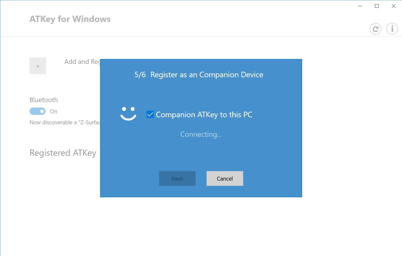 Wizard mode (5/6), register selected ATKey.BLE as a Windows companion device