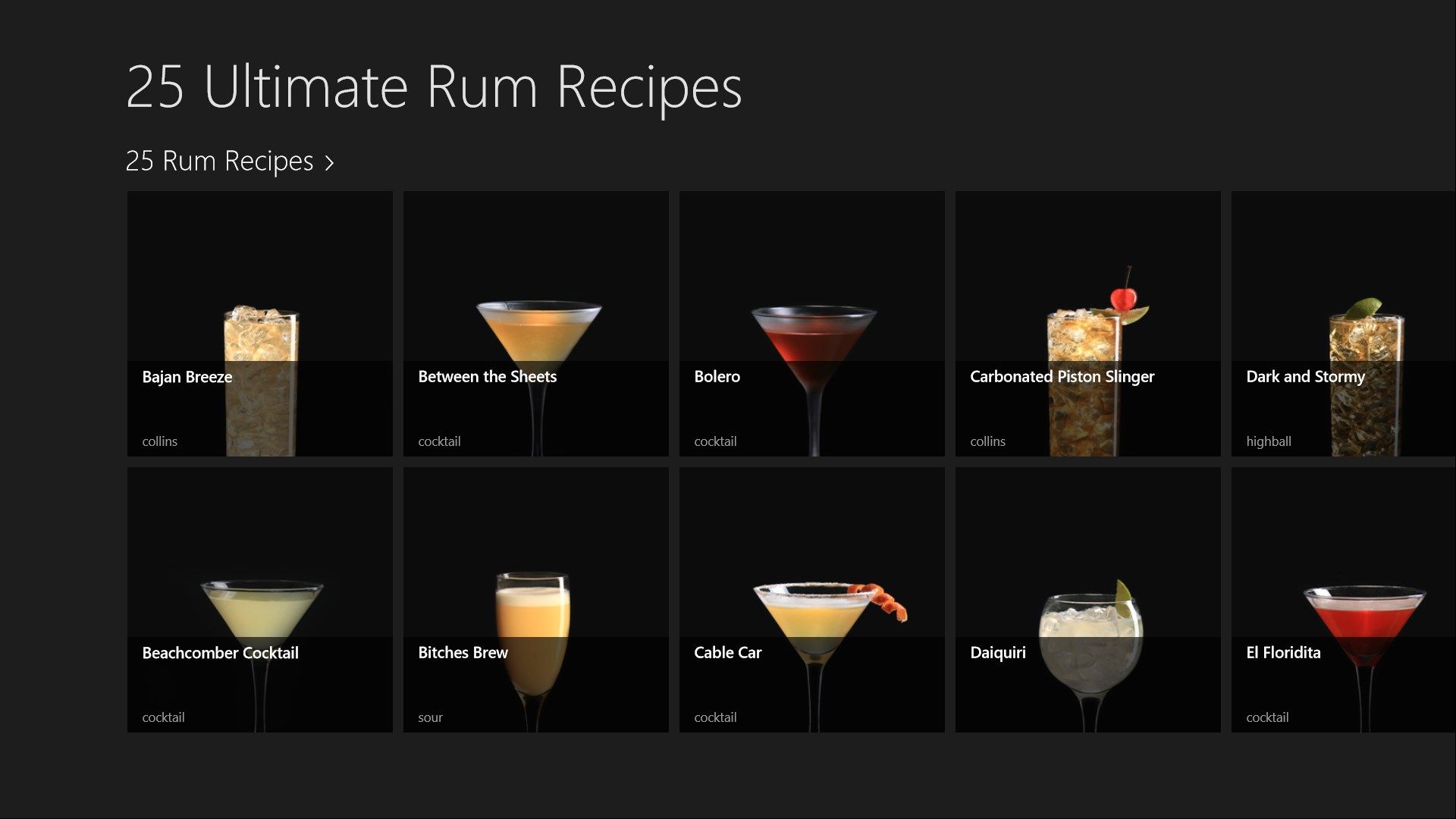 Choose from thumbnails of each cocktail