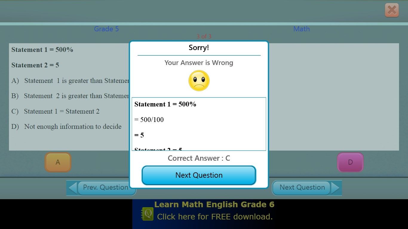 Math Test - Wrong Answer Screen