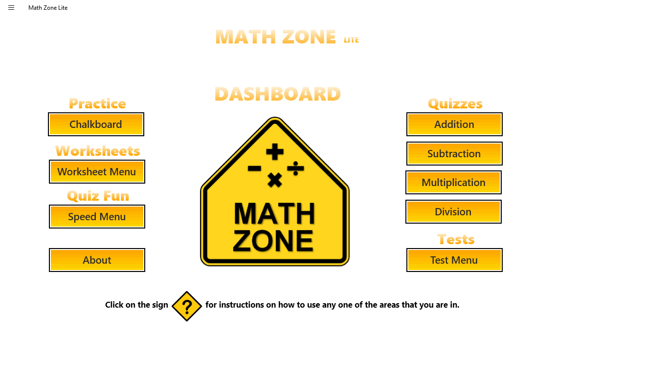 From the Dashboard you enter the areas you wish to work on.  Worksheets are the math tables and Quizzes,  Tests and Speed Drills all have levels of difficulty you set from Easy to Hard.