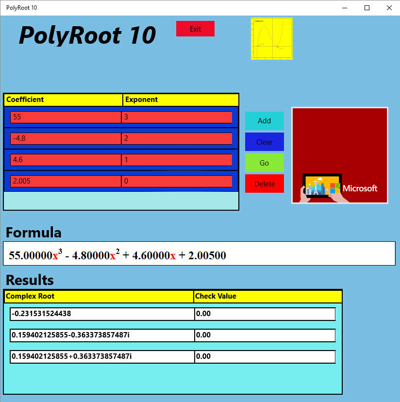 The polynomial will be solved with all real and complex roots.  Real roots will be shows in simple numeric format.  Complex numbers will be shown with the real part and the complex part (e.g., "6.250  -5.5i").