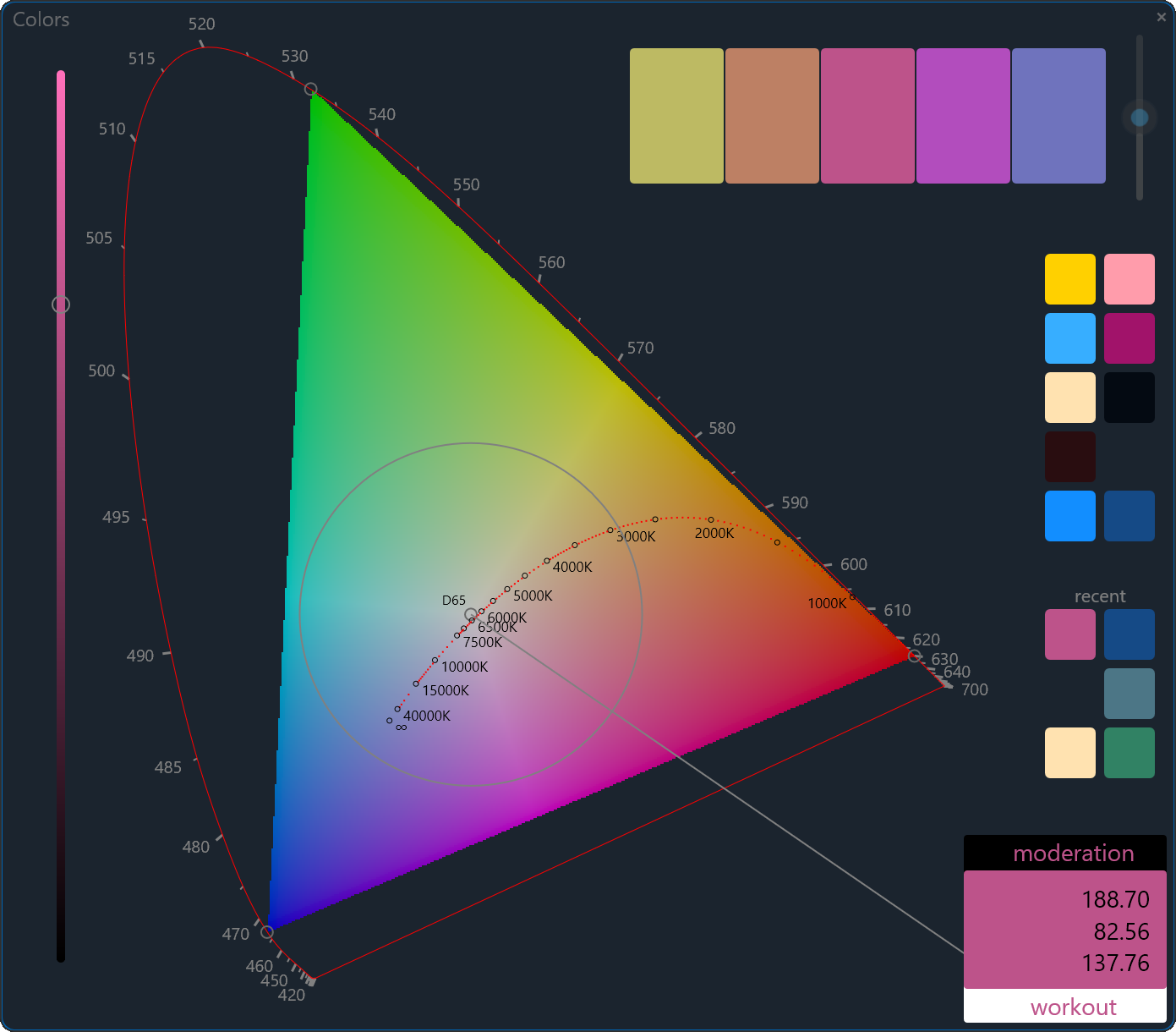 full-fletched color picker with spectrum, custom colors, similar color cards. CIE 1931 xy, rec.2020, HDR with 12-bit.