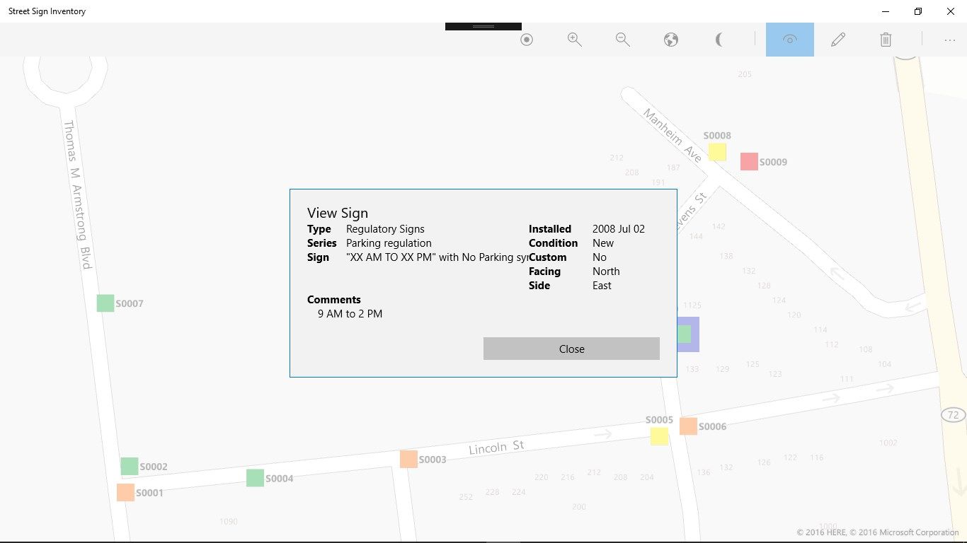 View mode displays information about the sign clicked on in the map.