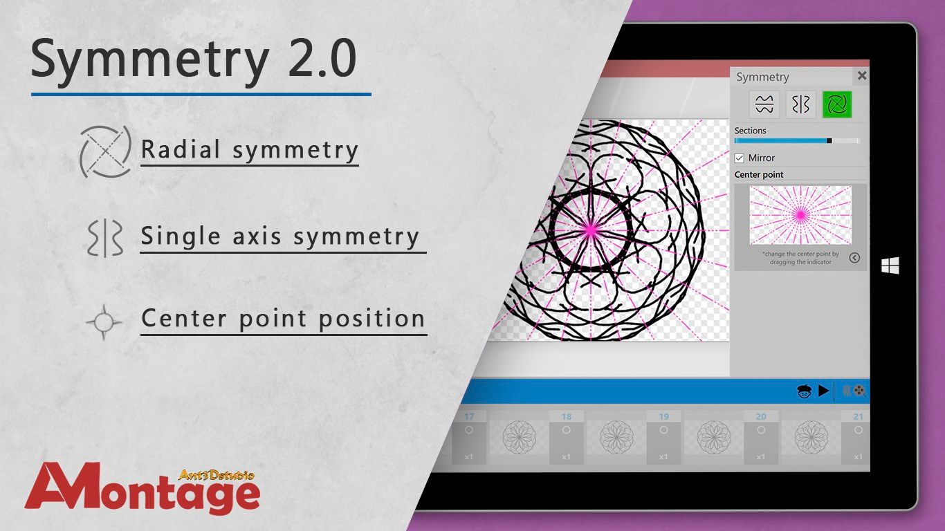 Use symmetry tools to create creative frames. Combine different axes. Change center point and count sections