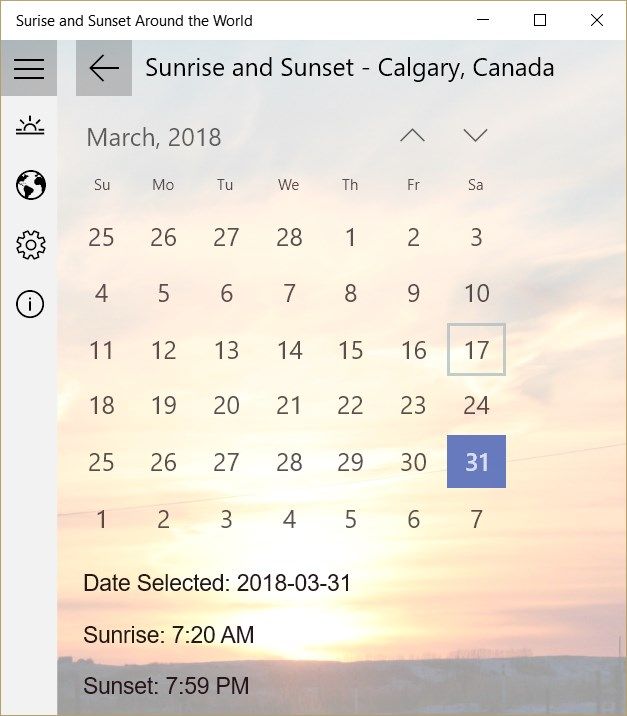 Home Screen displays sunrise and sunset times based on location and date selection.