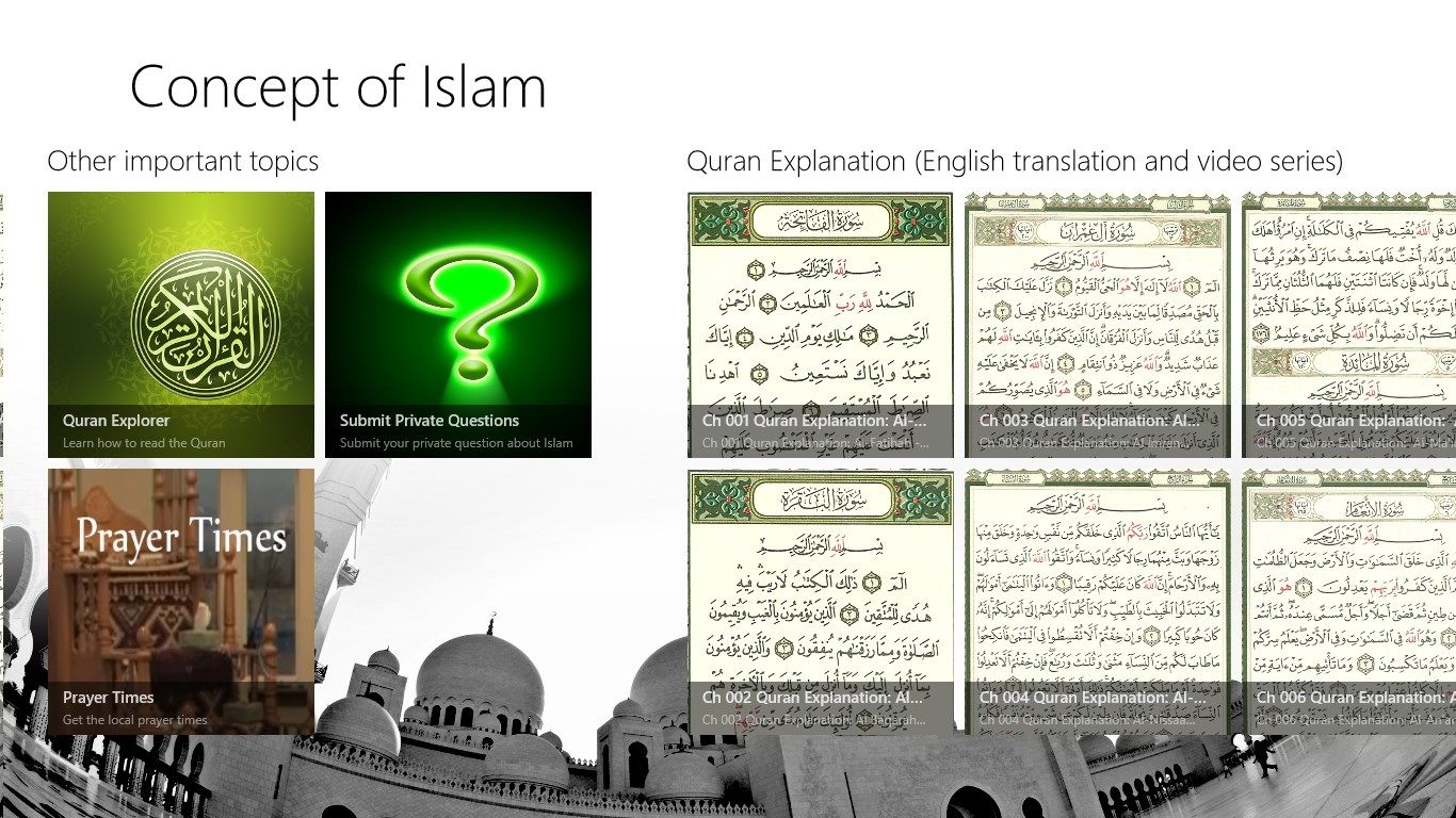Full Quran reciter in multiple languages. You can also submit your question and check out the prayer times.