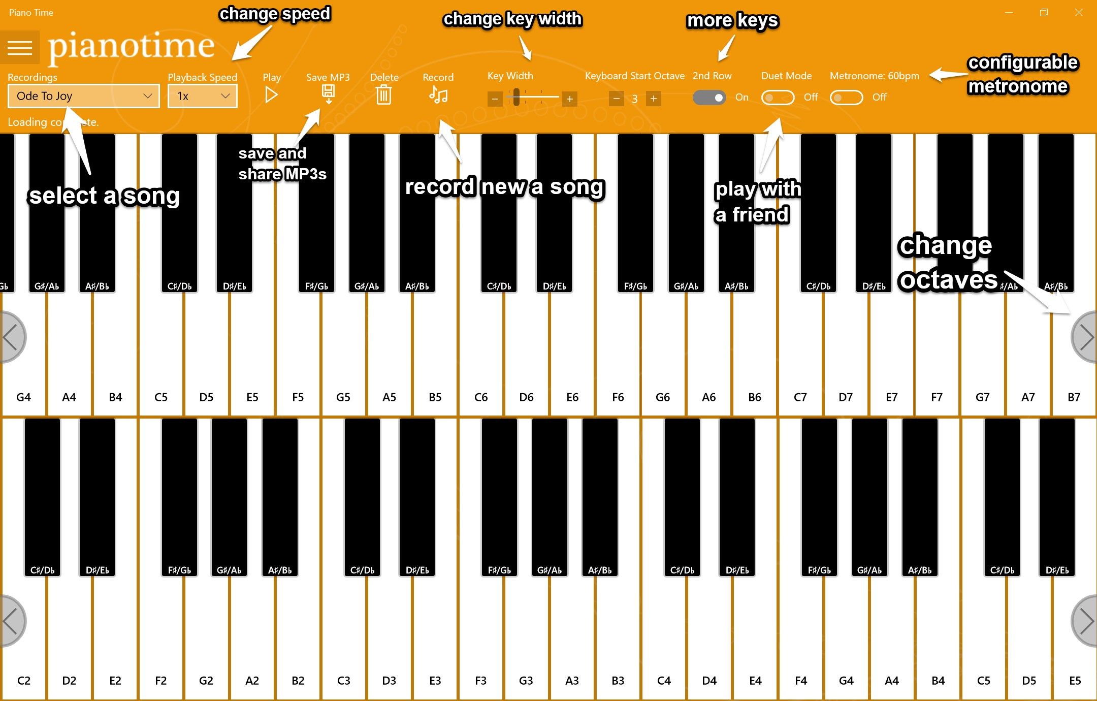 All the options you need; Save MP3s, multiple octaves, change playback speed, configurable metronome, change width of keys