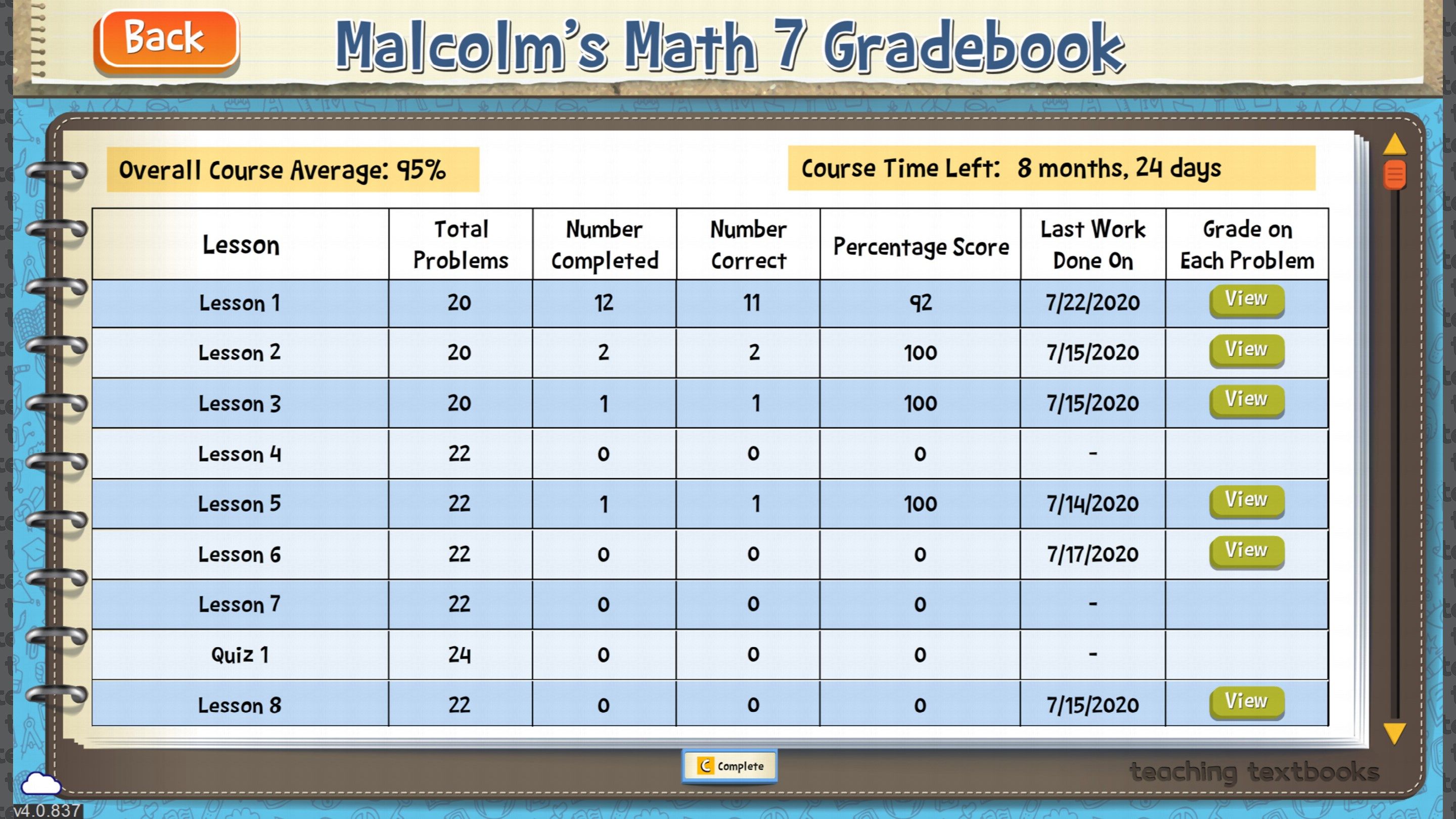 The Gradebook shows the details of the student's progress through the course. As the parent, you can edit the Gradebook, or print it for your records.