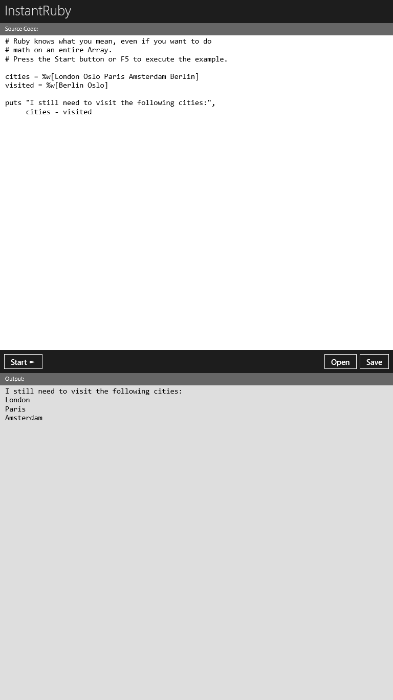 The main window in portrait. On the top is the source code and on the bottom the output.