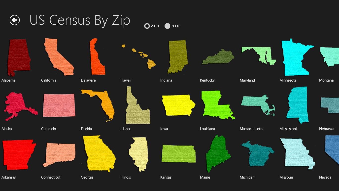 The opening screen with a scrollable collection of the 50 states