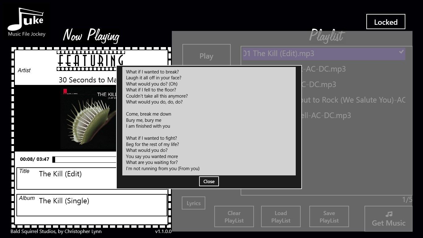 Juke software with lyrics displayed