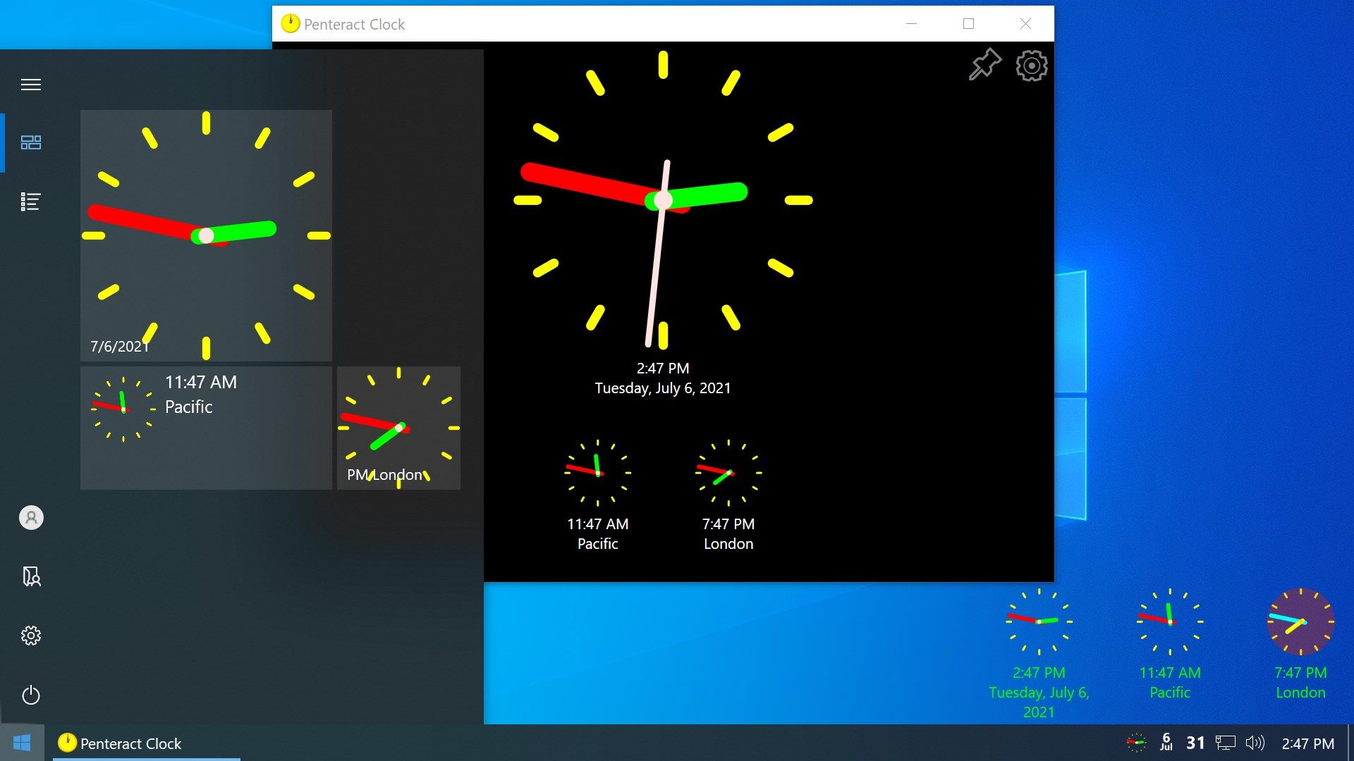 Main Window, Start-Menu Tiles of various sizes, Mini Window with several clocks, and in the Systray (Notification Area) - Clock, Seconds, and Date.