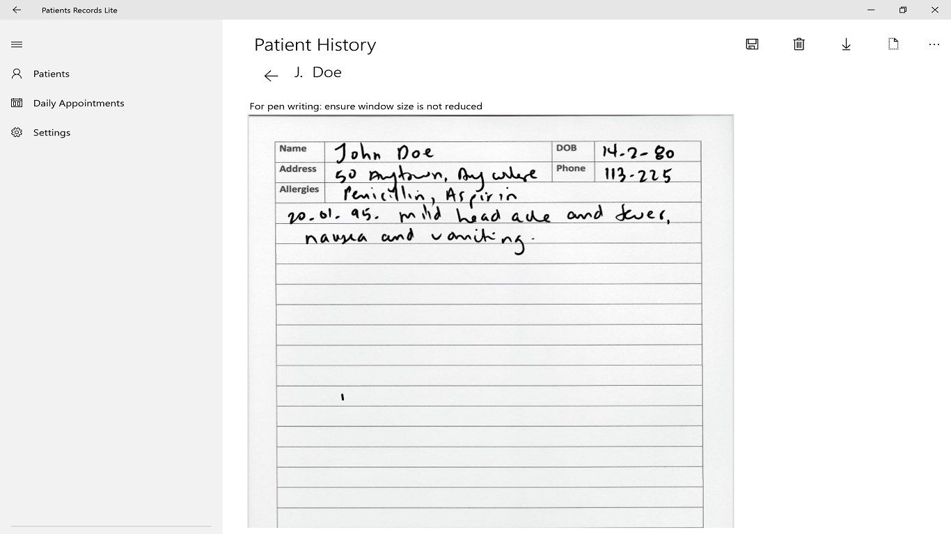 Use a windows pen to write the patient's history