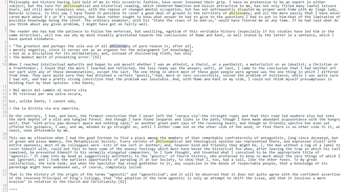 A Thomas Huxley essay in MarkDown, using the Clean theme.  Notice that word wrap is turned on (the line counters skip,) and in selecting part of the word philosophy, other instances have been hilit.