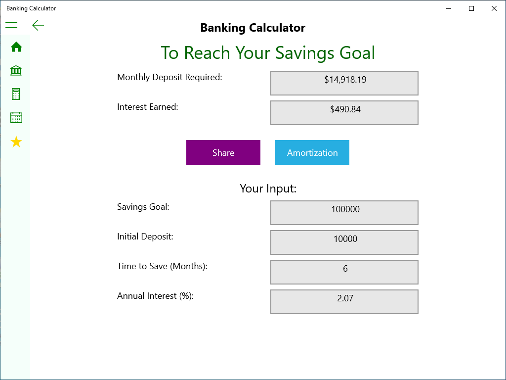 Savings Goal Calculator Result Display Screen