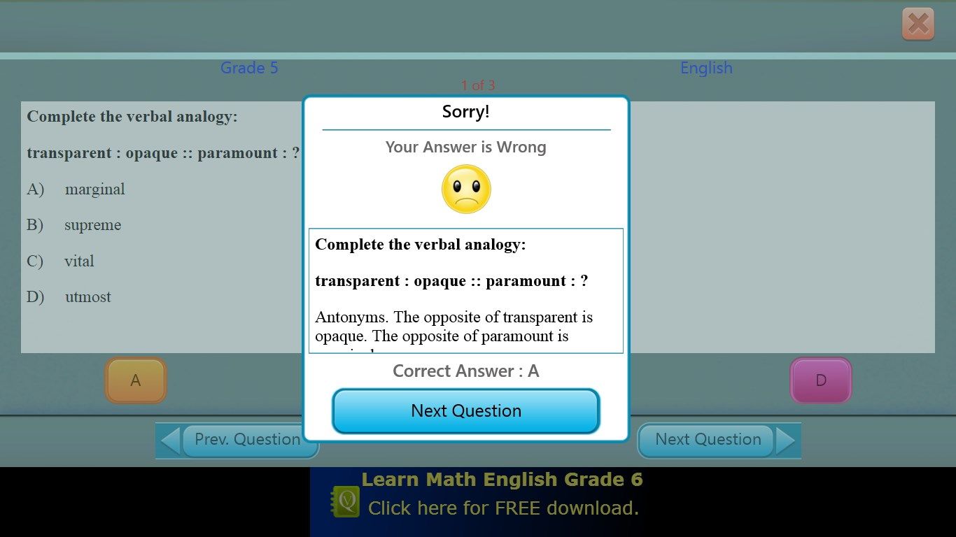 English Test - Wrong Answer Screen