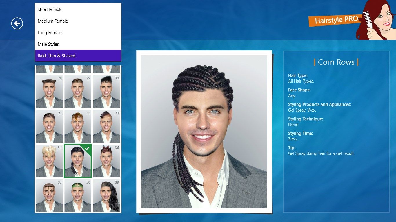 Five hairstyle categories are available. Three female categories and two male ones.