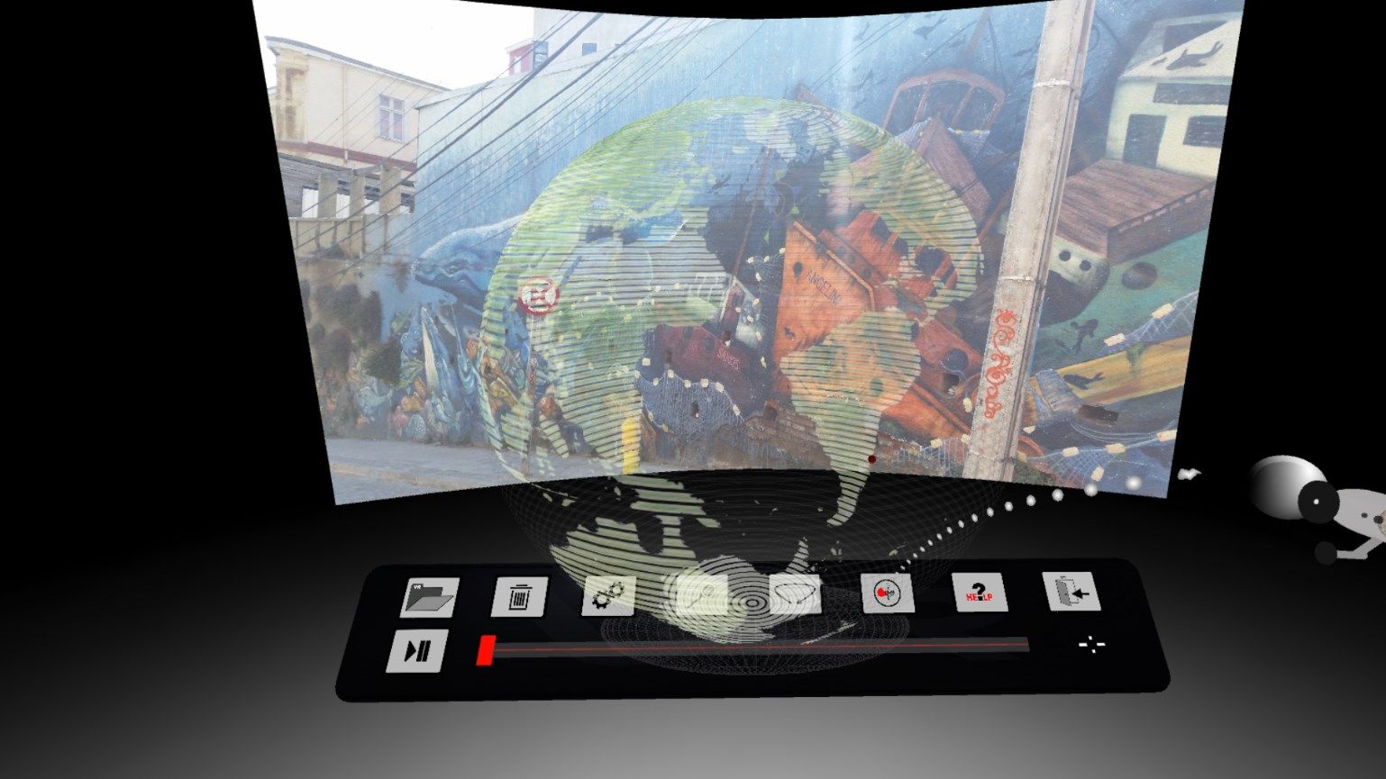 Virtual "cinema" curved screen for viewing non-VR 2D and 3D  content.
Here also with "holographic" earth and GPS coords visualization.