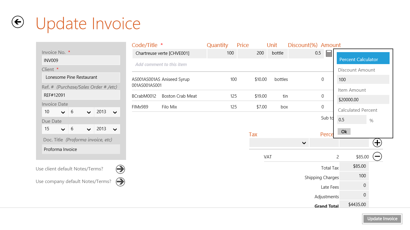 Create/Update invoice with percent calculator for discount.