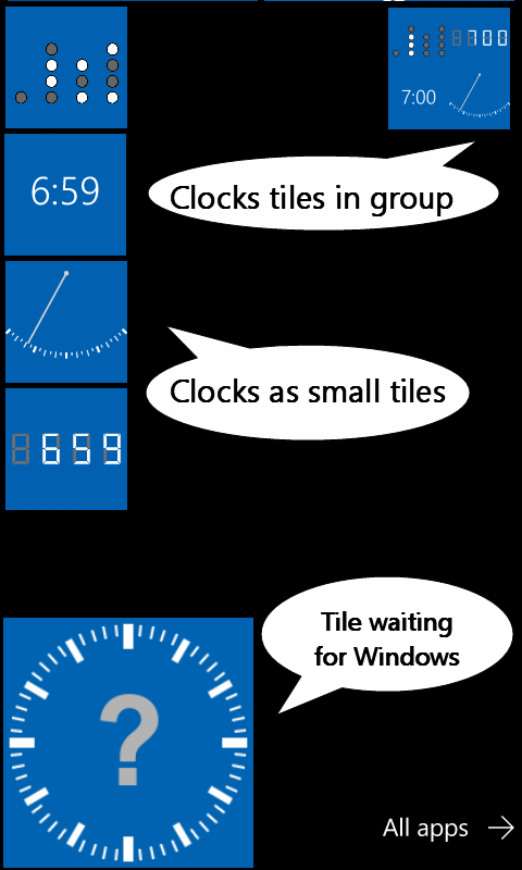 Clocks as Small Tiles; clocks in Start Screen group; and Analog Clock tile without current time (blame Windows lazy refreshing).