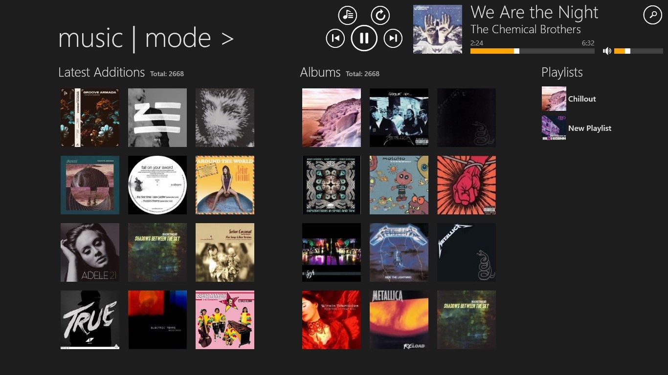 Start screen (new albums, last playes albums, playlists)