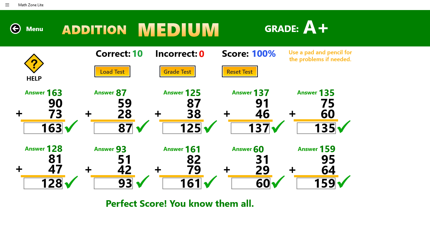 When ready, take test to see what level of ability you're at and what needs to be worked on. Levels from Easy to Hard in all, Addition, Subtraction, Multiplication and Division.
