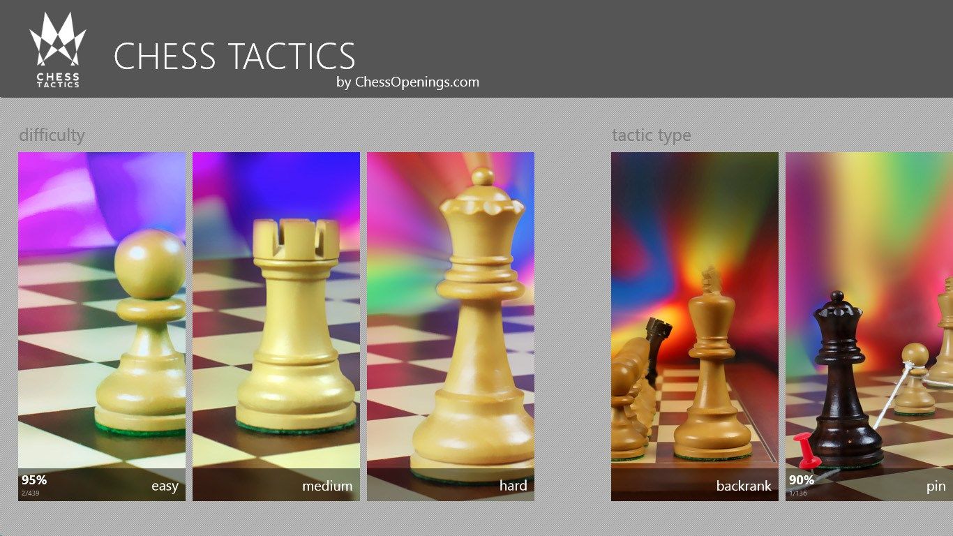 Choose chess tactics puzzles from three levels of difficulty: easy, medium, or if you feel confident go for the hard ones!