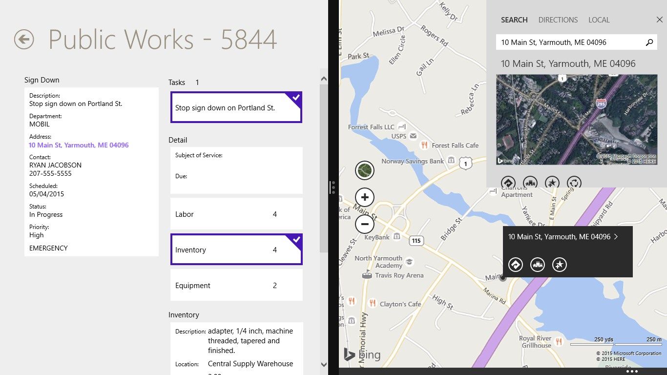 Check out work order details and see work locations in Bing Maps.
